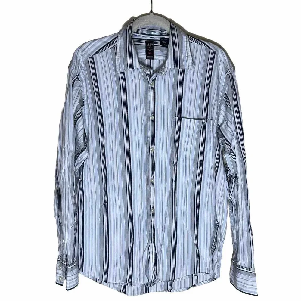 Izod Jeans Men's Medium‎ Maritime Button Down Shirt Blue Gray White Striped